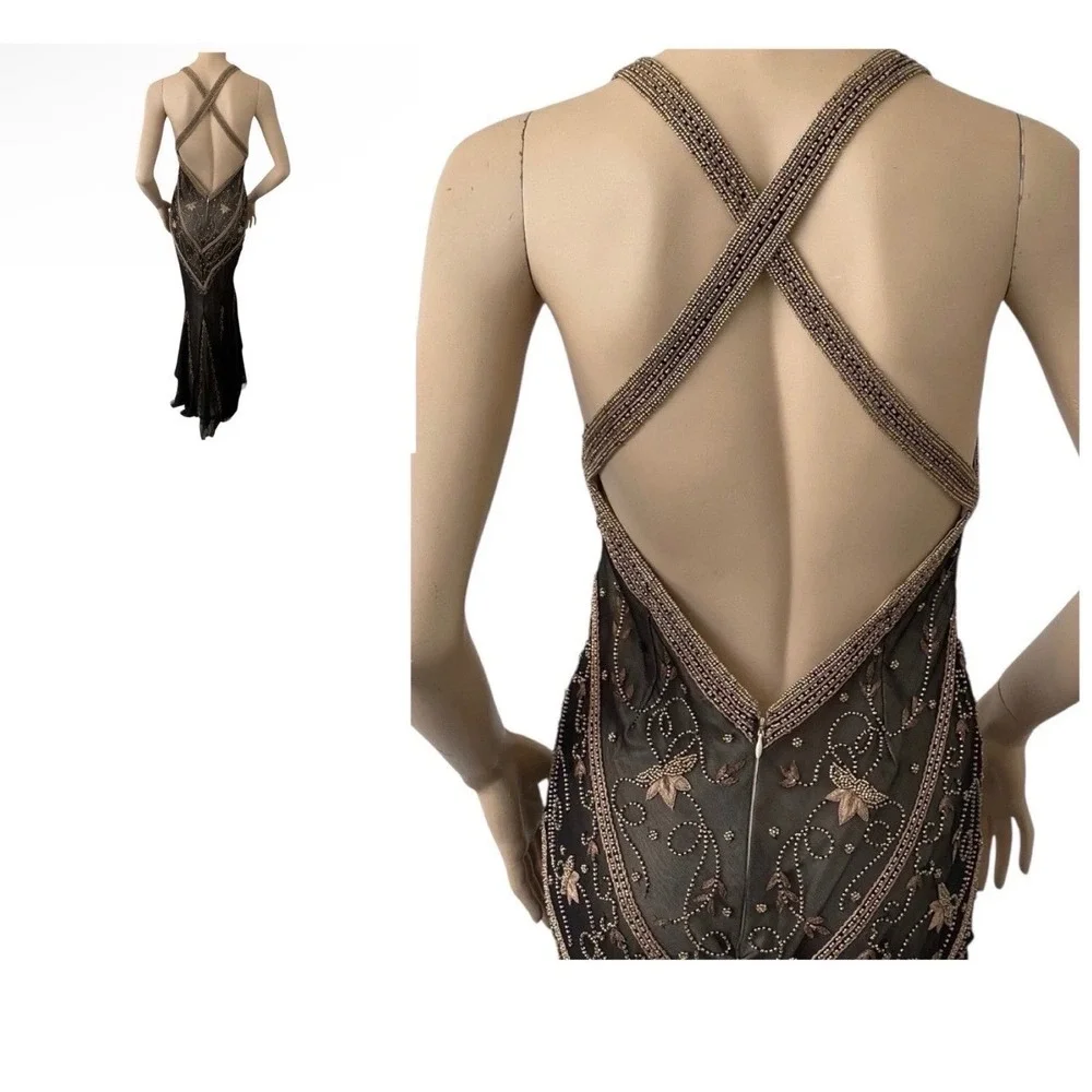 Vintage Cache Silk Beaded Open Back Formal Y2K Gown Dress Black 90s Size 2 - Picture 8 of 16